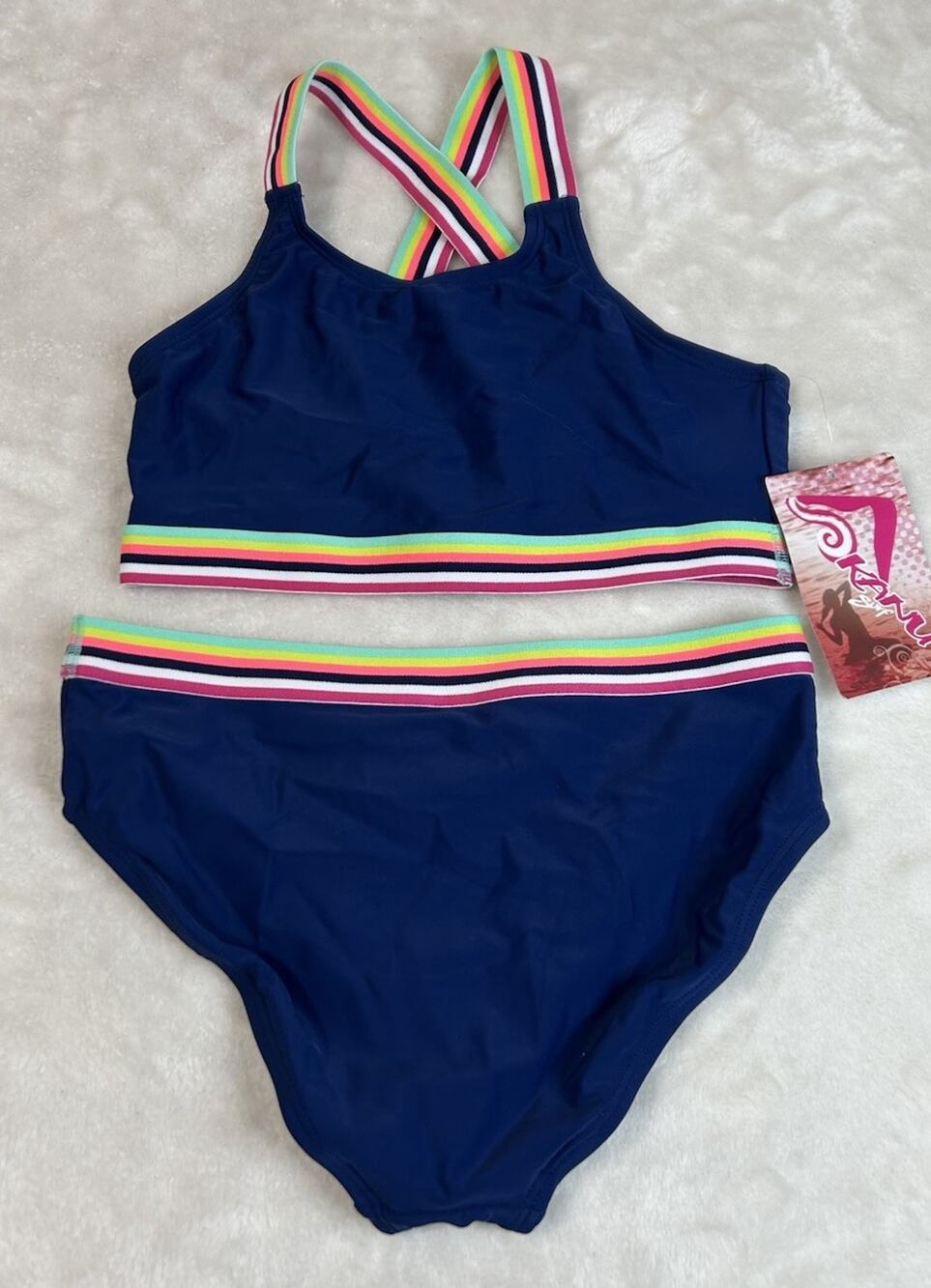 Kanu Surf Girl’s Blue Bobby Sporty Beach Colorful Two Piece Bikini Size 14 NWT